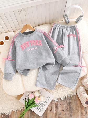 Toddler Letter Print Warm Crew Neck Sweatshirt And Pants Set