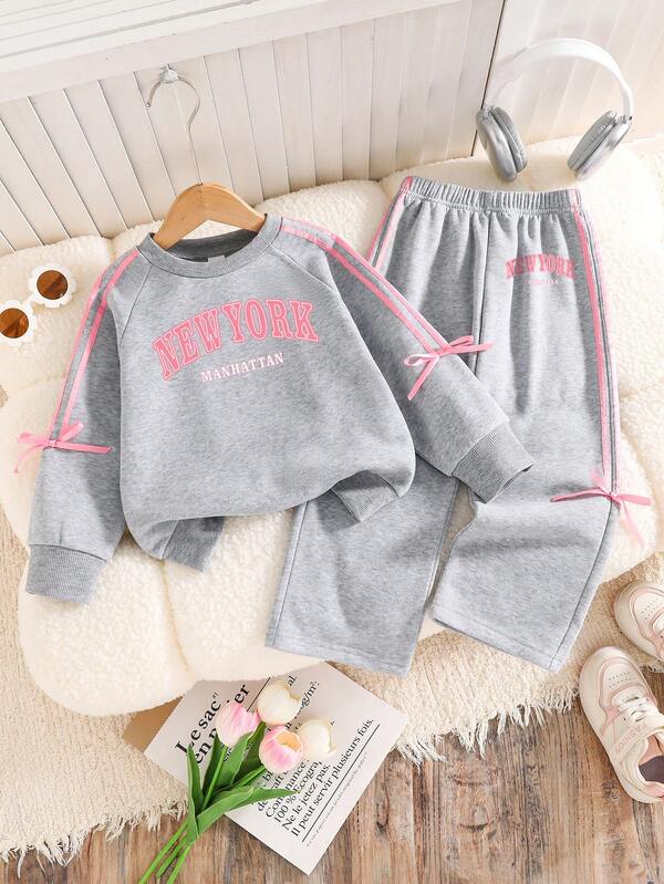 Toddler Letter Print Warm Crew Neck Sweatshirt And Pants Set