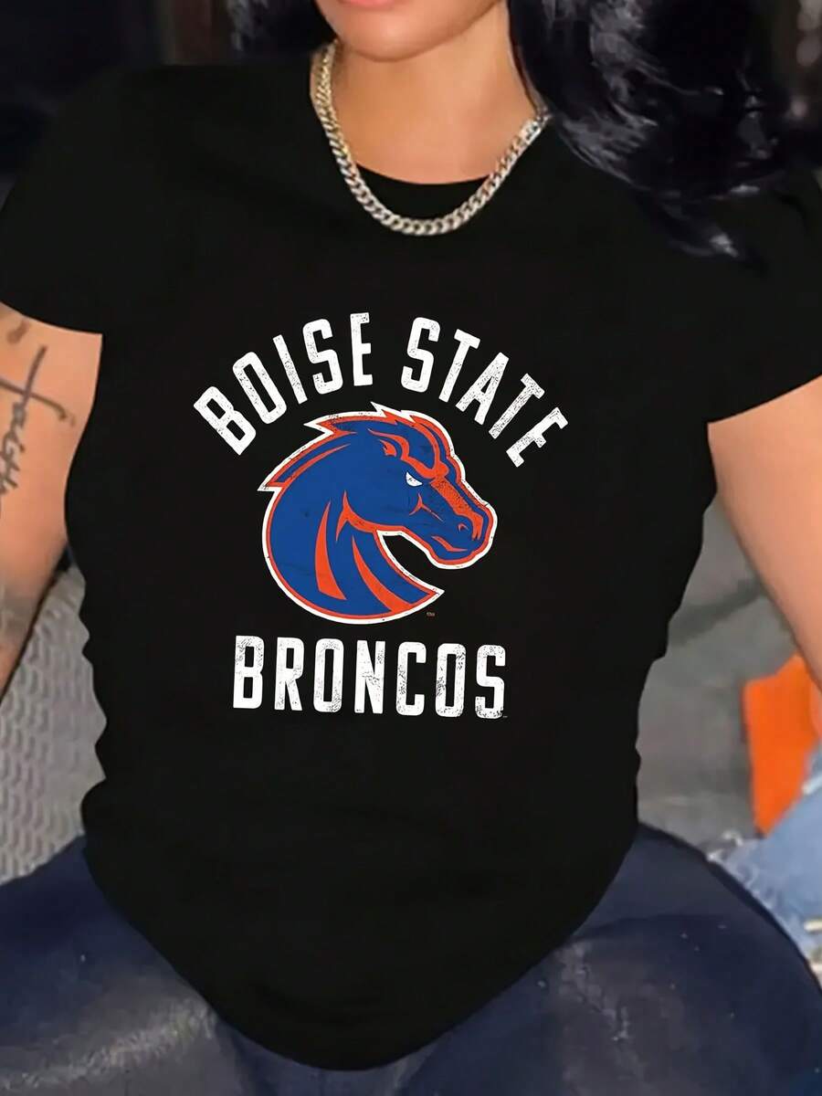 Women's Boise State University Broncos Logo T-Shirt - Black With Orange And Blue Mascot Head - Spirit Wear - Soft And Breathable Cotton Short Sleeve - Casual Fan Gift, College Style Equipment, Round Neck Comfortable Style 220g - màu đen - Xem 1