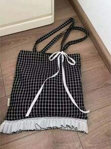 2025新款小众设计蕾丝蝴蝶结格子单肩包，大容量通勤托特包，