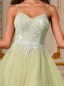 VIPGIRL 浅绿色亮片吊带薄纱礼服，开衩设计，优雅A字型及地公主风舞会礼服，适合选美比赛、伴娘、晚宴、婚礼和其他正式场合。 - 青檸色 - 查看 9