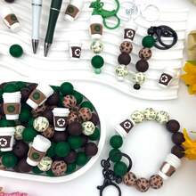 8/25/28/80pcs 3D Star Silicone Bead Set, Includes 15mm Coffee Bean Printed Round Beads. Brown & Green Round Beads Suitable For Jewelry Making, DIY Earrings, Necklaces, Bag Chains, Pen Decorations, Phone Straps - Perfect For Coffee Lovers - New Coffee Series - View 11