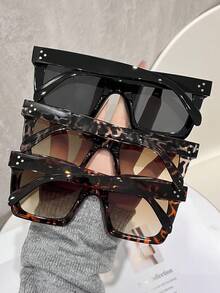 3 Pairs Women's Plastic Large Frame Bohemian Black Leopard Print Fashion Set, Suitable For Daily Wear, Square Frames - Black Leopard Color - 3 Pairs - View 4