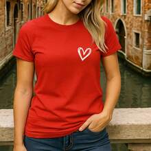 Women's Basic T-Shirt Cute Heart 100% Cotton Various Colors - 紅色 - 查看 3