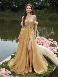 Faeriesty Robe de soirée élégante à épaules dénudées, dos nu et fente haute en mousseline de soie coupe évasée. Parfaite pour les grands galas, les réceptions de mariage de luxe, les premières d'opéra, les grands événements de bienfaisance, les fêtes du Nouvel An et autres occasions formelles. - Champagne - Voir 3