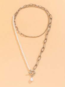 1pc Fashionable Silver Long Beaded Chain Necklace, Vintage Pearl Clasp Personalized Necklace