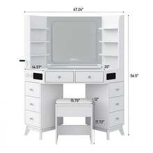 FUSOU Modern Corner Vanity Desk With Mirror & Lights, Glass Top Makeup Vanity With Bluetooth Speaker, 8 Drawers, 6 Shelves, 3-Color Lighting, Dressing Table With Chair, White - 查看 2