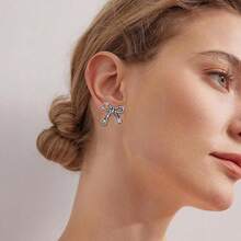 Bow Earrings For Women  Sparkly Rhinestone Chain Tassel Earrings Cute Ribbon Stud Earring Daily Party Jewerly Gifts Christmas Stocking Stuffers - A8:黑色蝴蝶結耳環 - 查看 2