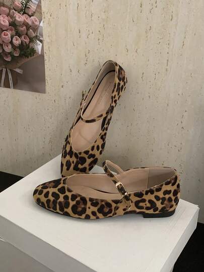 1-Strap Suede Leopard Print Flats, Comfortable Soft Bottom Mary Jane Shoes, Slip-On Round Toe Ballet Flats, Elegant Commuter Shoes For Spring & Autumn