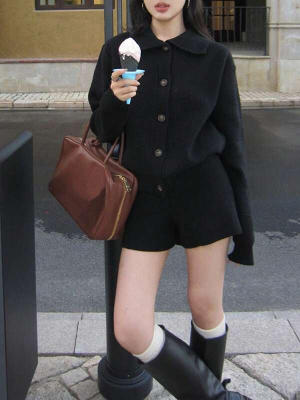 Alicedudu Ensemble 2 pièces pour femmes, cardigan col rabattu décontracté et shorts, automne/hiver