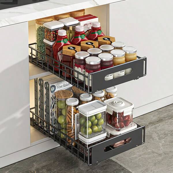 Pull-Out Cabinet Organizer Rack, Rust-Proof Sink Organizer Rack, Large Capacity Pull-Out Cabinet Drawer, Kitchen Storage Rack, Sliding Drawer Storage Tray, Suitable For Kitchen Cabinet, Bedroom Wardrobe, Sideboard And Snack Storage, Black And White Colors