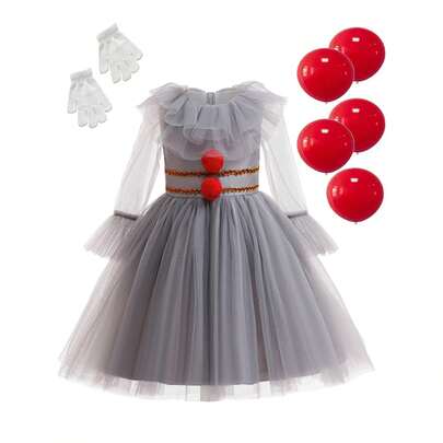 万圣节狂欢节女孩小丑服装，包括裙子和手套