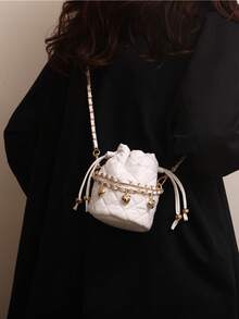 Solid Color Fashionable Rhombus Mini Drawstring Bucket PU Commuter Elegant Shoulder Bag For Women - Beige - View 2