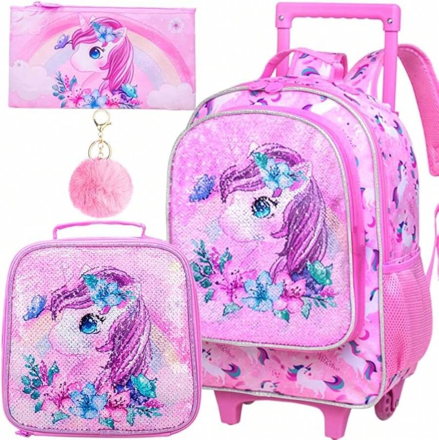 Rolling Backpack For Girls Boys, Kids Roller Wheels School Bookbag With Lunch Bag, Wheeled School Bag For Children - 蝴蝶獨角獸 - 查看 1