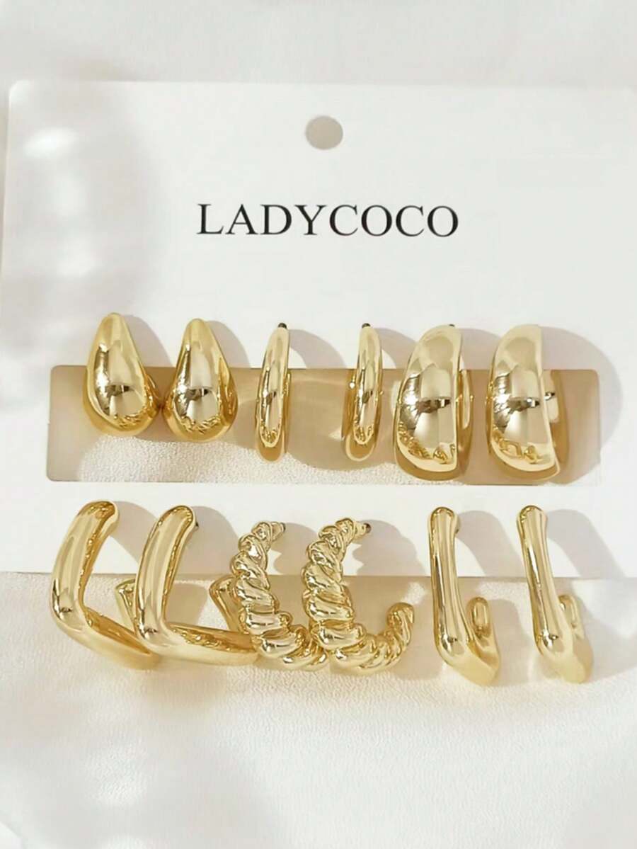 LADYCOCO 6 pares de pendientes elegantes con forma de lágrima, adecuados para el uso diario de las mujeres, citas, fiestas, accesorios de joyería de color dorado