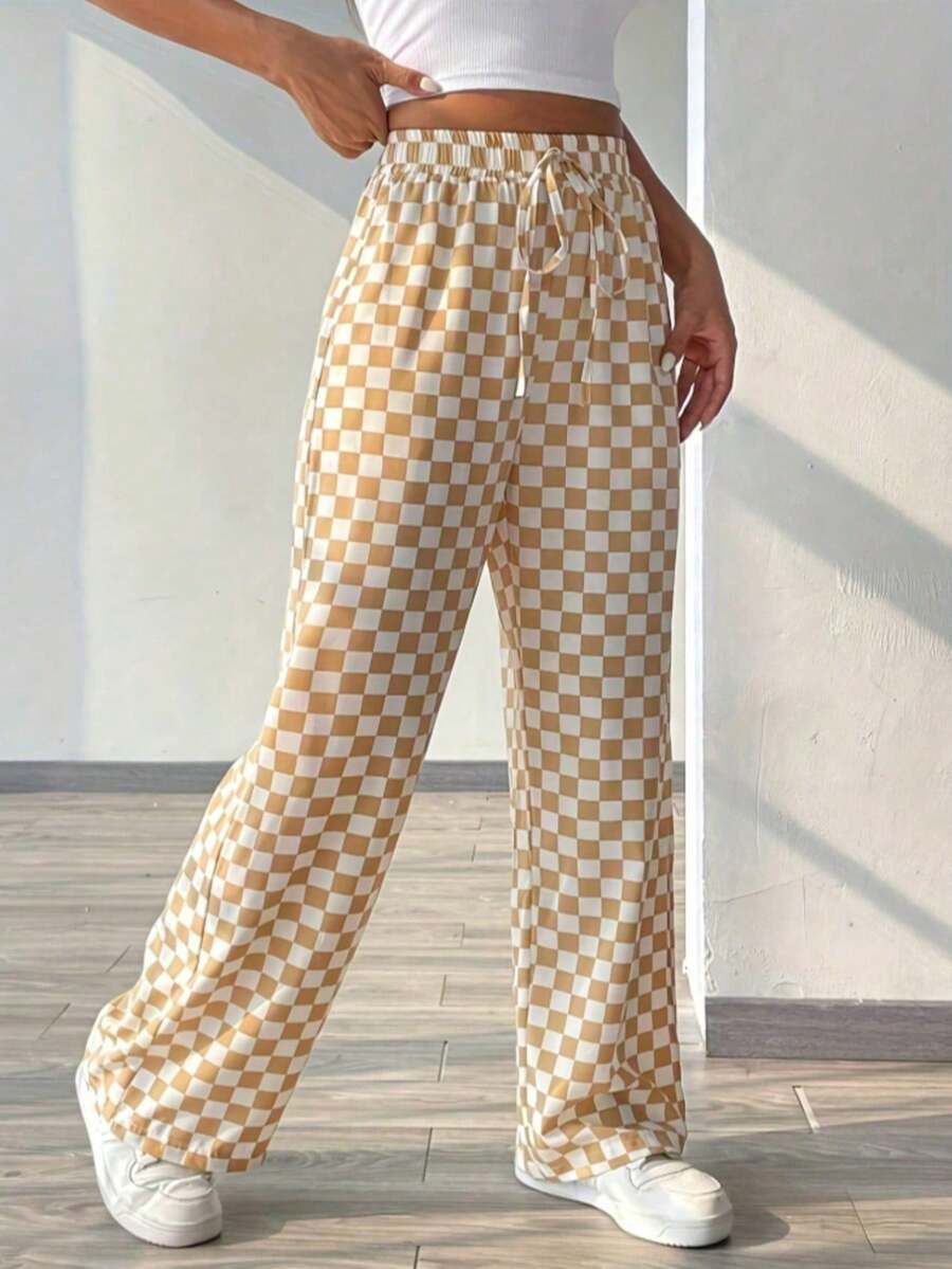 Plaid Print Casual Loose Drawstring Wide Leg Pants - Khaki - View 1