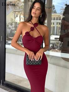 夏季3D立体花卉刺绣鱼尾优雅酒红色婚纱礼服，适合度假、外出、庆典等场合。 - 酒紅色 - 查看 1