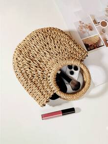 手工编织草编新月形沙滩手提包，大容量女士夏季镂空斜挎单肩包，夏季新月形草编包，女士手工便携手提包，大容量沙滩包，篮式编织顶部提手包，手提包 - 卡其色 - 查看 3