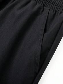 男士裤子，春秋纯色多口袋抽绳工装裤，宽松舒适运动裤 - 黑色 - 查看 4