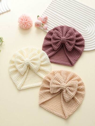 jralon 3 件装婴儿秋冬针织帽，带大蝴蝶结，柔软舒适，有弹性，适合日常佩戴