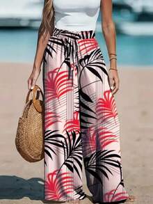 Women's Summer Vacation Style Random Tropical Print Tie Waist Loose Wide Leg Pants - Red - View 2