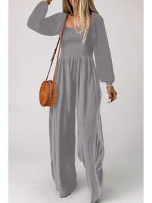 Women's Casual Loose Overalls Jumpsuits One Piece Long Sleeve Wide Leg Long Pant Rompers With Pockets - Màu Xám nhạt - Xem 3