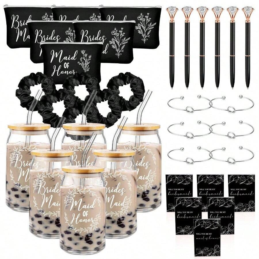 36 Pcs Bridesmaid Proposal Gifts Ill You Be Y Bridesmaid Set Of 6 Include 6 Oz Bridesmaids Aid Glass Cup Cosmetic Bags Cards Scrunchies Hair Knotted Bralets Pens For Edding(Rose Gold) - 黑色 - 查看 1