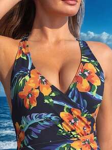 Costume da bagno intero estivo, stile europeo e americano, sexy, con stampa floreale e a foglie, stile tropicale bohémien, in tessuto a maglia, senza schienale, adatto per la spiaggia e le vacanze