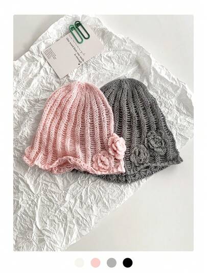 独特的 3D 花卉蕾丝宽松无檐帽，镂空透气针织帽，轻便夏季女帽