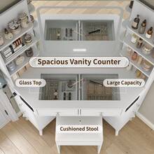 Yanosaku Modern Corner Vanity Desk With Mirror & Lights, Glass Top Makeup Vanity With Bluetooth Speaker, 8 Drawers, 6 Shelves, 3-Color Lighting, Dressing Table With Chair, White - Xem 5