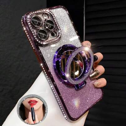 这款奢华电镀手机壳配备化妆镜支架，采用闪亮水钻设计，硅胶材质，防震防摔，兼容 16/16e/16 Pro/16 Pro Max/16 Plus/15/14/13/12/11/X/XS/XR/8/7、Galaxy S25/S24/S23/S22/S21/A55/A54/A53/A52/A35/A34/A23/A16/A15/A14/A13/A12/A05S/FE/Ultra/4G/5G、Redmi、Honor、MOTO、OPPO、Infinix 等众多品牌。