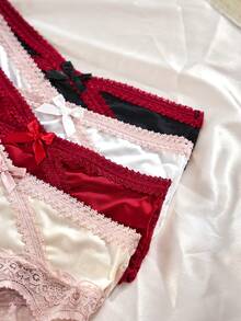 4 peças [ especial exclusiva] Calcinha triangular feminina sexy com borda de renda translúcida, confortável e suave para a pele, romântica, com design de laço fofo real, estilo fada doce (vermelho e branco), calcinha feminina vermelha para uso diário
