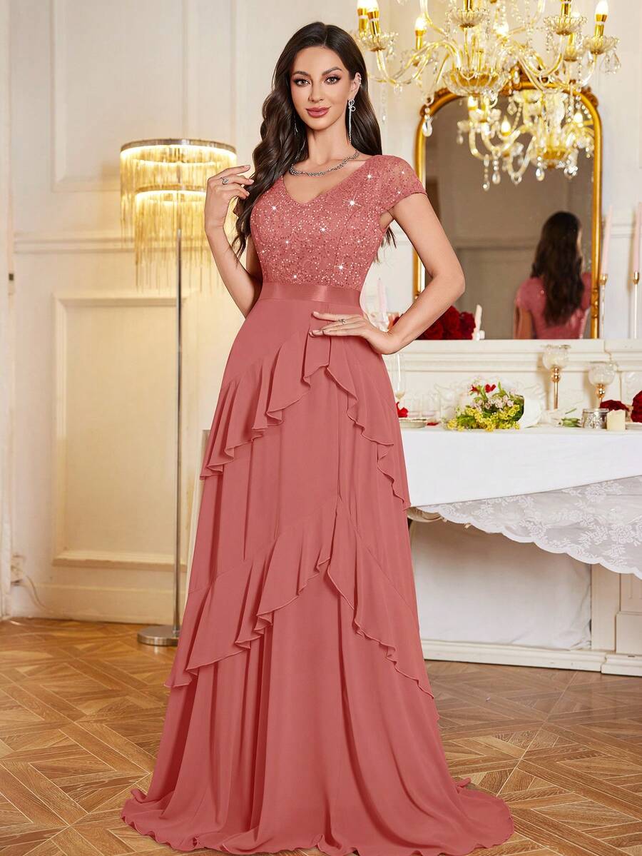 MIUSOL Sequin Floral Lace V-Neck Cap Sleeve Ruffle Trim Layered Hem Chiffon Evening Party Maxi Dress