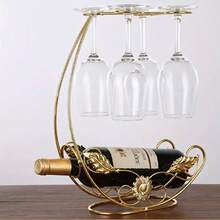 Modern Wrought Iron Wine Glass Rack - Vertical Metal Bottle Rack, Tabletop Stemware Rack, Inverted Wine Glass Display, Can Hold 1 Bottle Of Wine And 4 Glasses, No Assembly Required - Gold - View 6