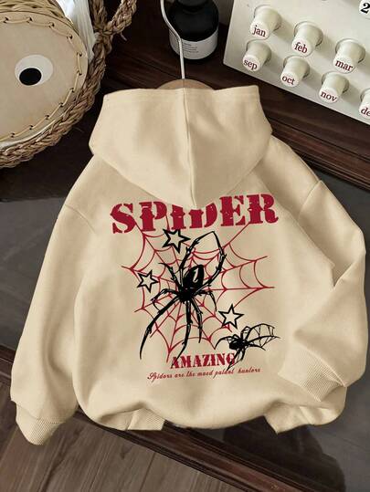 Tween Boys Casual Simple Spider Print Boys Hoodie Long Sleeve Hooded Sweatshirt Autumn Winter Student Boys Clothing