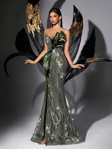 优雅亮片装饰女士正式晚礼服，羽毛点缀，精致派对礼服，适合舞会、红毯、返校节、生日派对、盛大晚宴、周年纪念等场合 - 纯色露背高开衩无袖连衣裙 - 橄欖綠 - 查看 5