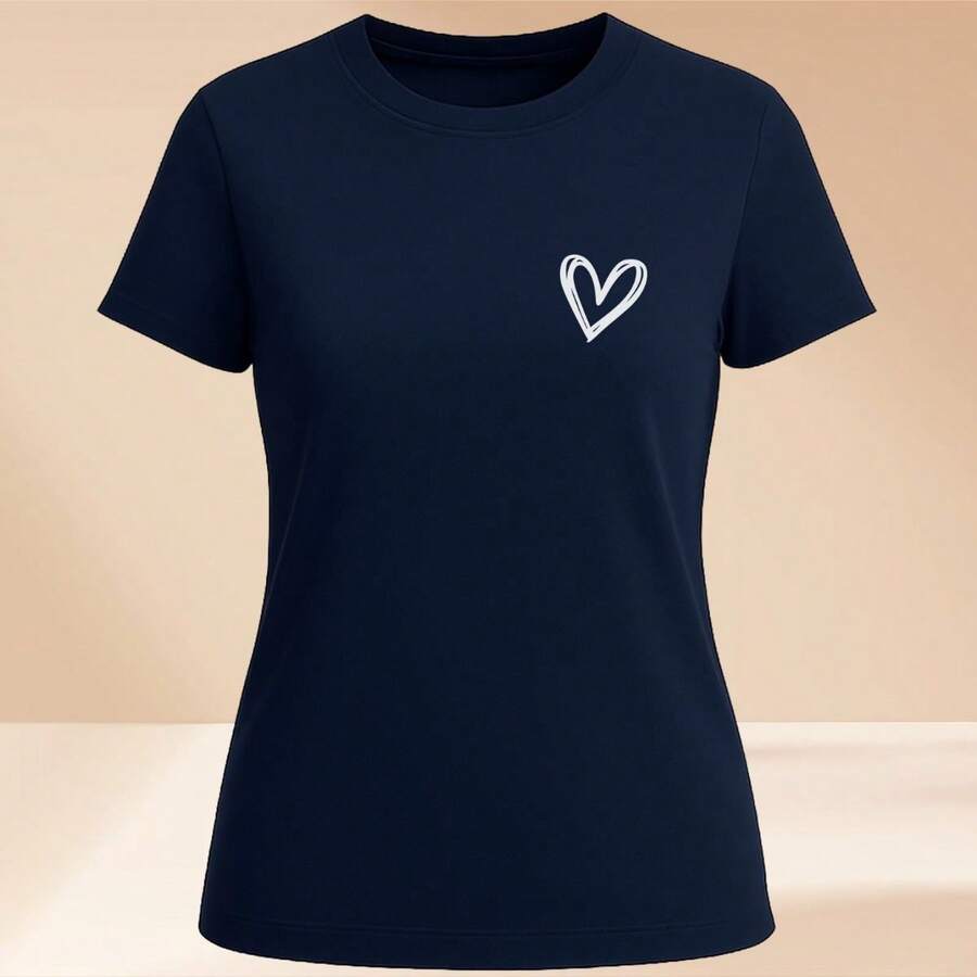 Women's Basic T-Shirt Cute Heart 100% Cotton Various Colors - 藍色 - 查看 1