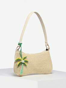 1 件女士复古度假海洋生物仿珍珠樱桃仿毛皮尾巴编织装饰单肩腋下法棍包，适合约会、郊游、度假 - 米色 - 查看 2