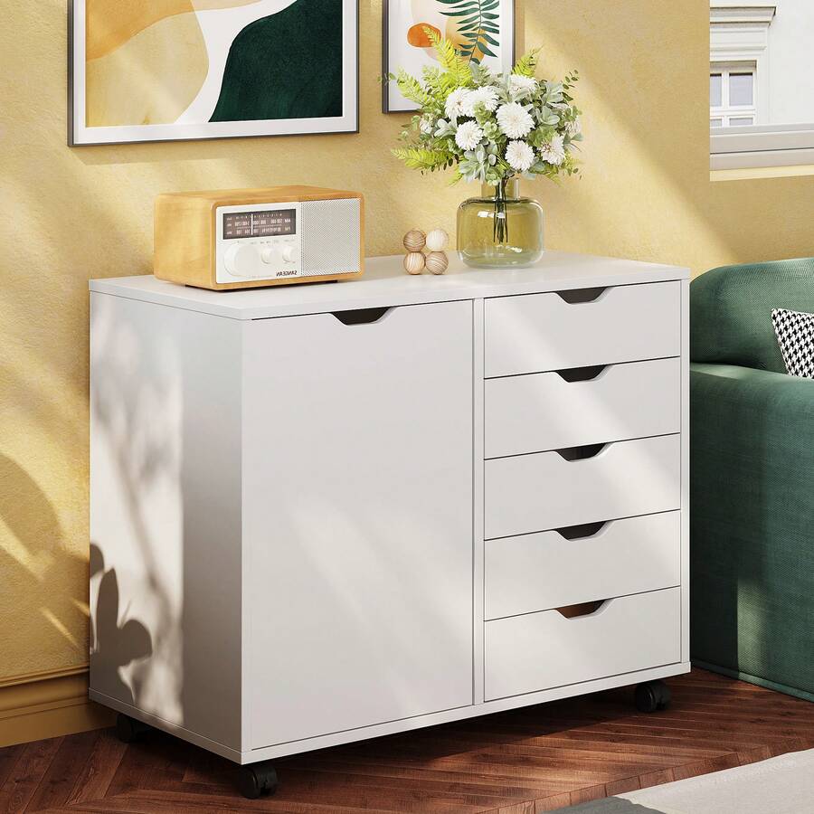 White Storage Cabinet, 5-Drawer With Door Wood Dresser Chest, Mobile Multi-Functional Printer Stand For Home Office