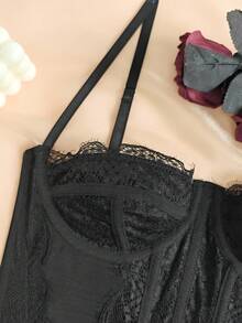 RAHQ 1pc Women's Fashionable Lace Trim Tight Fitting Bustier Crop Top, Sexy Bodycon Camisole Top Corset Top, Suitable For Party, Travel, Gathering, Christmas, Valentine's Day, Halloween - Black - View 4