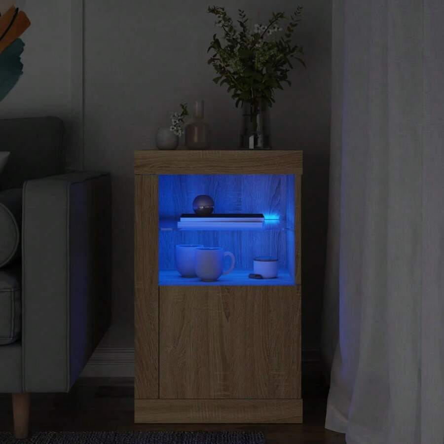 Larryhot Mueble auxiliar con luces  roble sonoma, bonito y práctico, ideal para almacenaje y decoración del hogar - Marrón - Ver 1