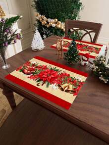 1/2/4pcs Christmas Theme Placemats, Christmas Wreath Placemats With Red Floral, Bell, Christmas Ball Patterns, Polyester Placemats, 30x45CM, Suitable For Christmas Holiday Table Decor, Christmas Party Supplies - Multicolor - View 6