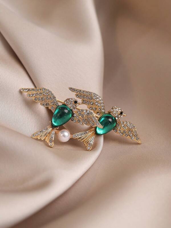 1pc Elegant Dual-Bird Brooch, High-End Luxury Pearl Animal Lapel Pin, Suitable For Coat, Jacket, Blazer Office Accessories Shirts Jewelry Christmas Halloween