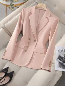 1 件平纹织物金属纽扣女式西装外套，适合办公室和日常穿着 - 粉色 - 查看 1