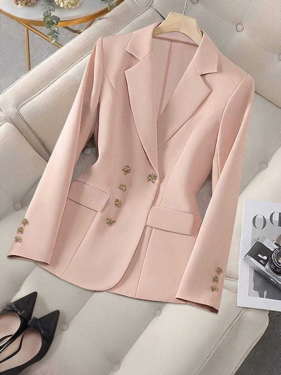 1 件平纹织物金属纽扣女式西装外套，适合办公室和日常穿着 - 粉色 - 查看 1