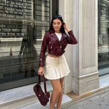 Women's Solid Color Zipper Button Backless Leather Jacket - Burgundy - View 3