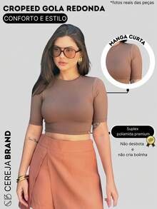 Cropped Blouse Short Sleeve Polyamide Suplex Round Neck Mia - Rust Brown - View 3