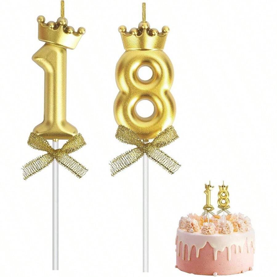 18th Birthday Candles Gold Number Candles Cute 18 81 Candle Set Numeral Birthday Candles For Cake Number Candles Happy Birthday Decorations For Girls Cake Wedding Anniversary Celebration Party Favor - 18 - 查看 1