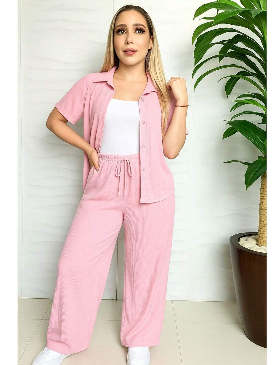 ✨ CONJUNTO 2 PIEZAS: BLUSA MANGA CORTA + PANTALÓN ✨ ¡Estilo, comodidad y elegancia en una sola prenda! - Rosa - Ver 1