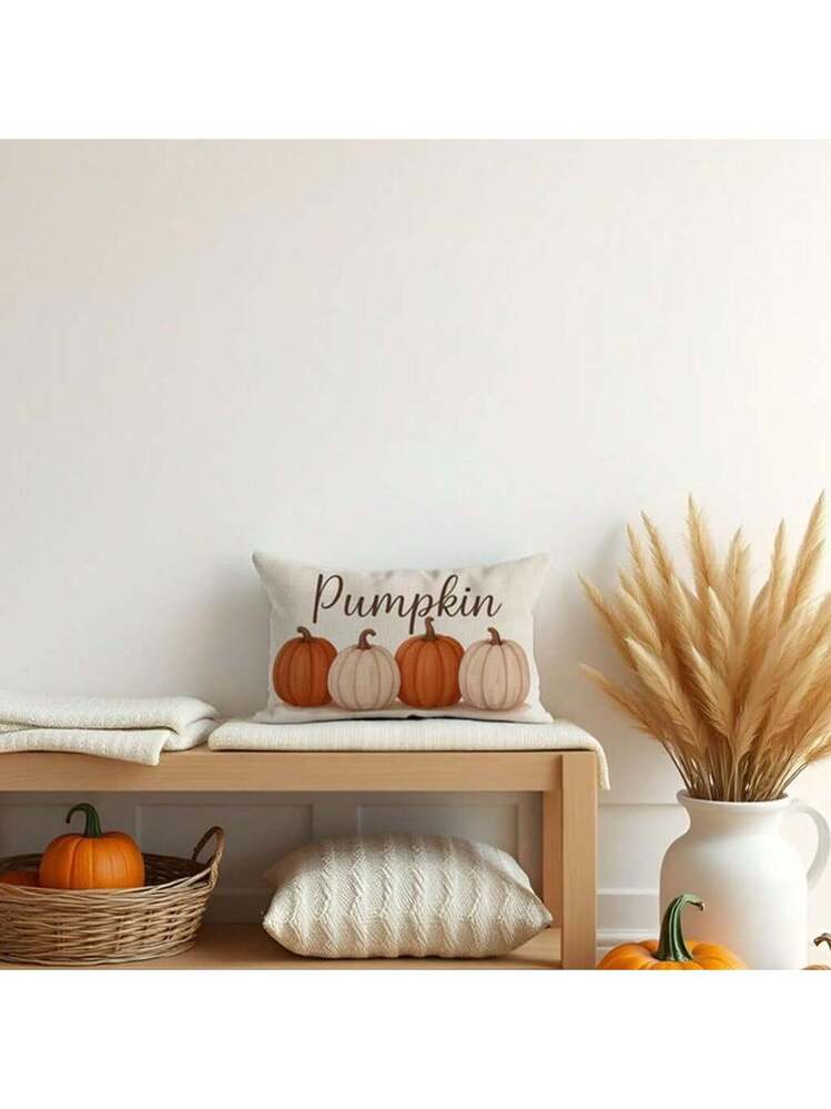 Fodera Cuscino Lombare Autunnale 30x50 Cm, Arancione Con Scritta Hello Pumpkin, In Lino Poliestere, Decorazione Casa - 2